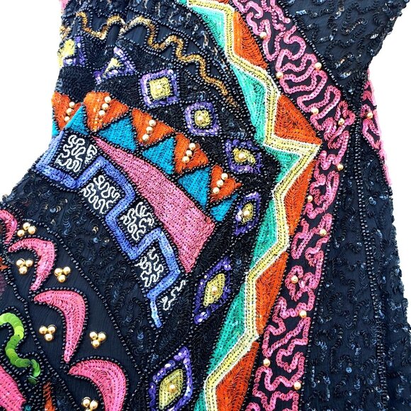 Black Beaded Dress 80s XS Together Silk Black Colorful - Picture 16 of 16